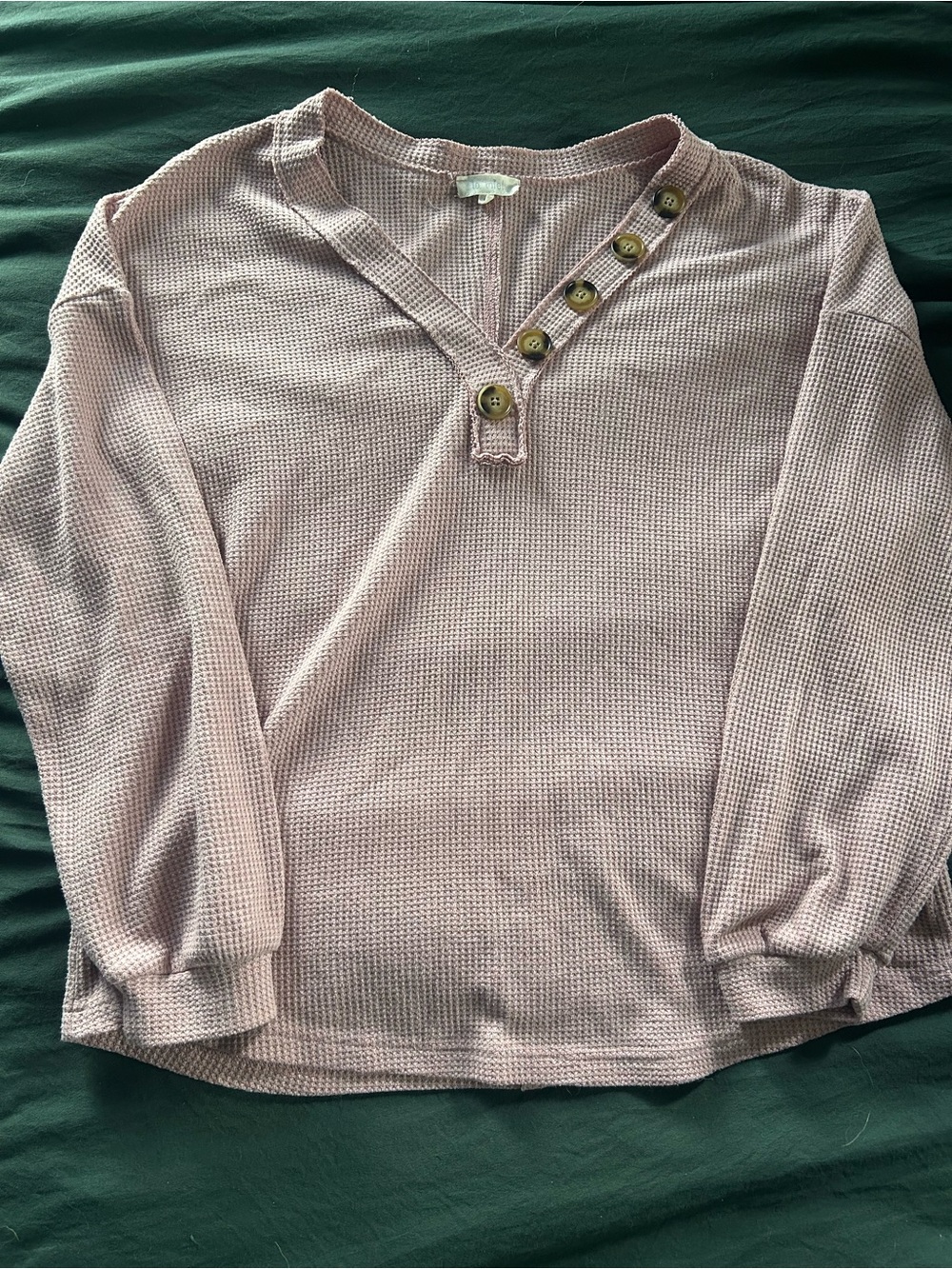 LA MIEL Pink Waffle Knit V-Neck Sweater with Button Detail